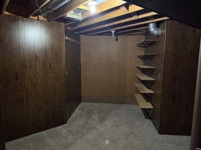 basement featuring wooden walls and carpet