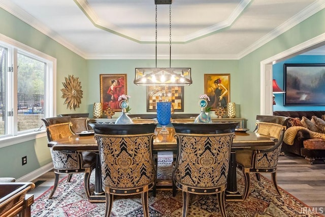 dining room featuring hardwood / wood-style floors, plenty of natural light, a raised ceiling, and crown molding