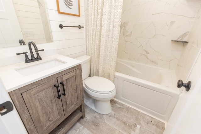 full bathroom with vanity, toilet, and shower / bathtub combination with curtain