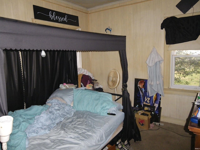 bedroom with carpet and ornamental molding