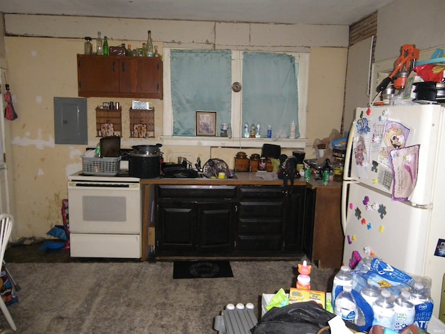 kitchen with white appliances and electric panel