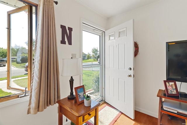 foyer featuring hardwood / wood-style floors and ornamental molding