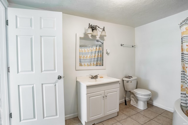 bathroom with tile patterned flooring, a shower with curtain, vanity, and toilet