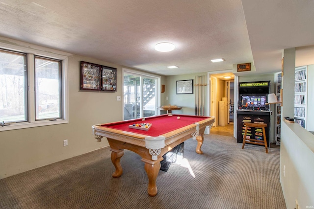 rec room featuring carpet, a textured ceiling, and billiards