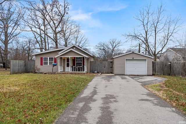 single story home with a front yard, a garage, a porch, and an outdoor structure