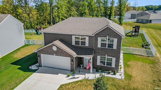 view of front of property with a playground, a garage, and a front lawn