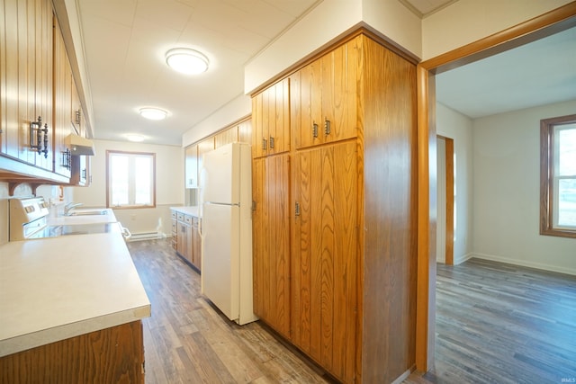 kitchen with sink, white fridge, and hardwood / wood-style flooring