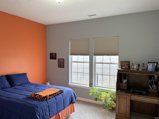 bedroom with carpet and a textured ceiling