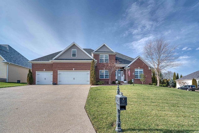 view of front of property featuring a garage and a front lawn