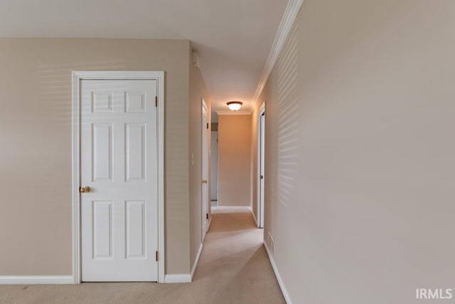 corridor with light carpet and ornamental molding