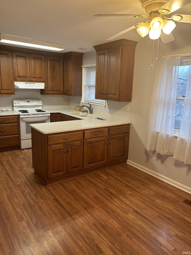 kitchen with ceiling fan, kitchen peninsula, white electric range, sink, and dark hardwood / wood-style flooring