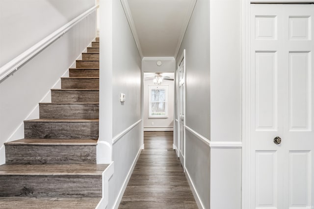 staircase featuring a baseboard heating unit, ceiling fan, crown molding, and hardwood / wood-style floors