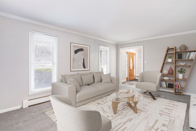 living room with crown molding, baseboard heating, and light carpet