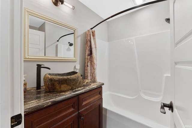 bathroom with vanity and shower / bathtub combination with curtain