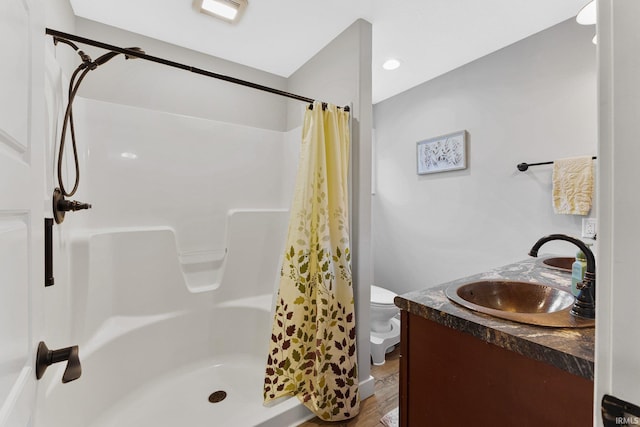 bathroom with curtained shower, vanity, hardwood / wood-style flooring, and toilet