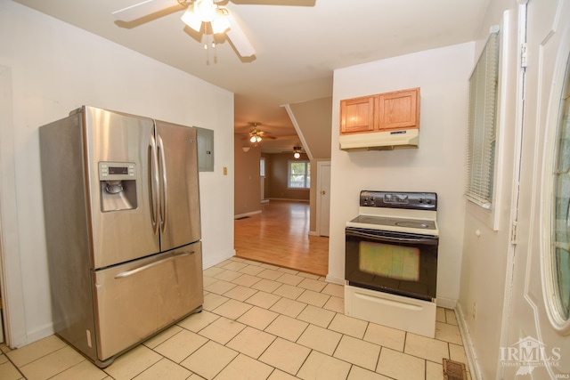 kitchen with ceiling fan, stainless steel fridge, light tile patterned flooring, and white electric range