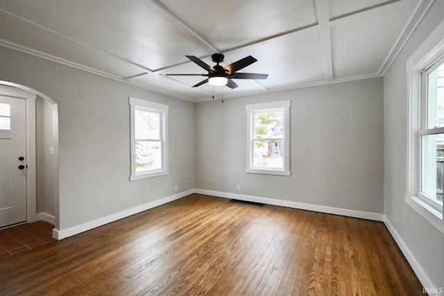 unfurnished room with ceiling fan and dark hardwood / wood-style floors