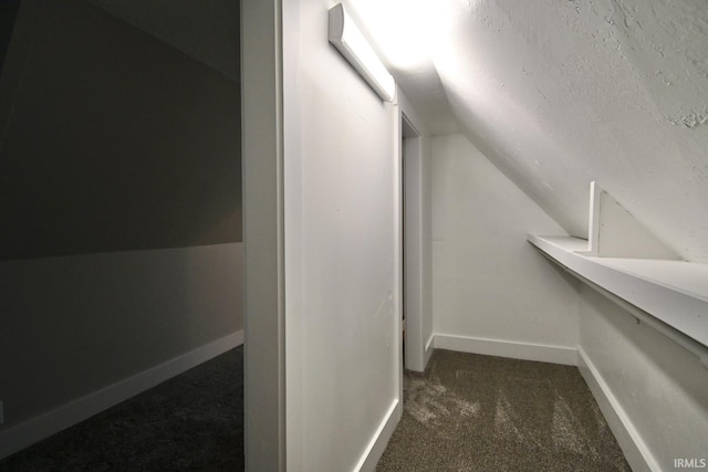 interior space featuring lofted ceiling and dark colored carpet