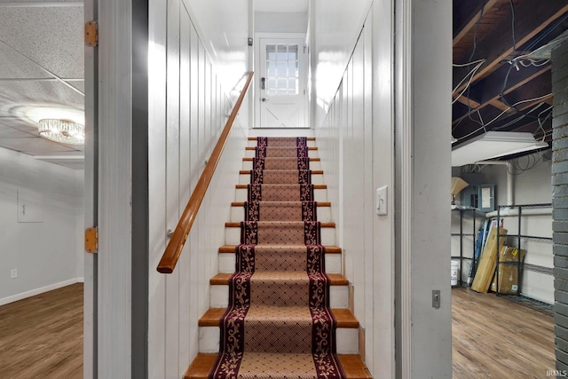 stairway with hardwood / wood-style floors