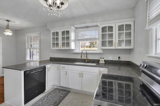 kitchen with dishwasher, sink, decorative light fixtures, stainless steel electric stove, and white cabinets