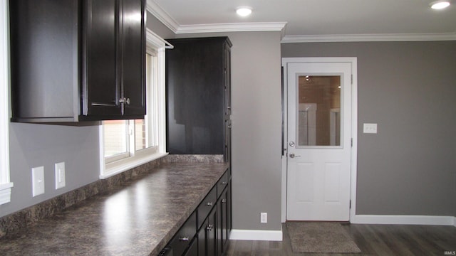 kitchen featuring ornamental molding and dark hardwood / wood-style floors