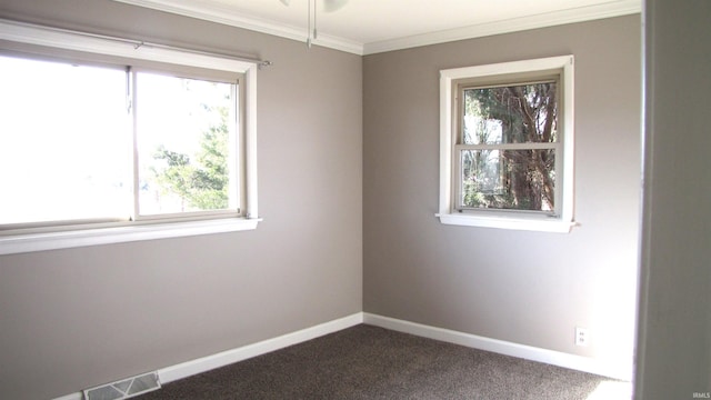 carpeted spare room featuring ornamental molding