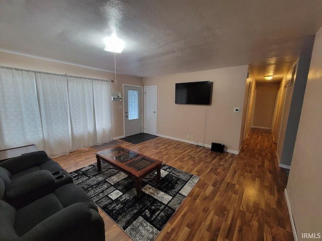 living room with dark hardwood / wood-style flooring