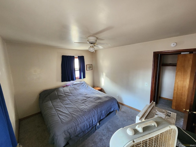 bedroom with carpet flooring, ceiling fan, and a closet