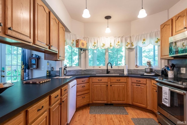 kitchen featuring hanging light fixtures, stainless steel appliances, and a wealth of natural light