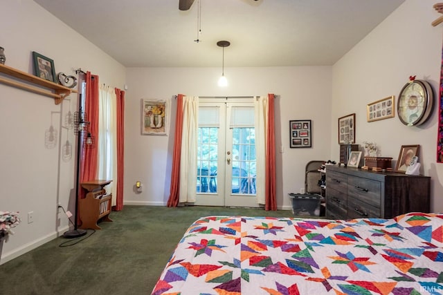 carpeted bedroom featuring access to exterior, french doors, and ceiling fan