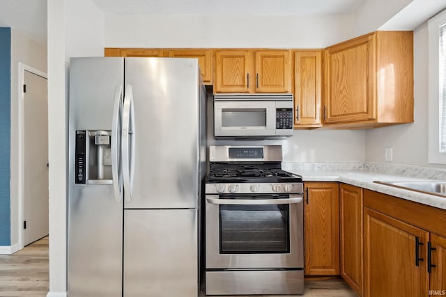 kitchen with light wood-type flooring, stainless steel appliances, and sink