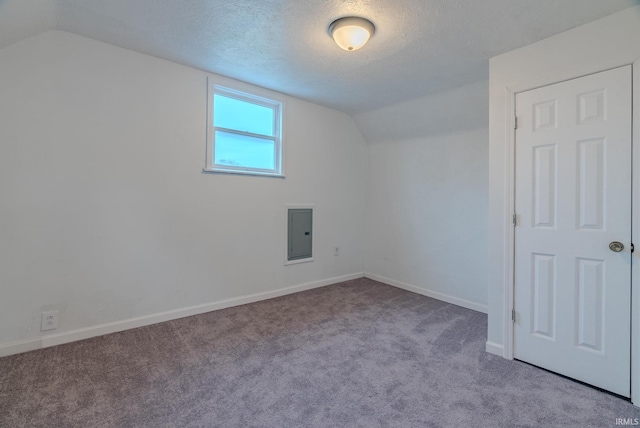 additional living space featuring a textured ceiling, electric panel, vaulted ceiling, and light colored carpet