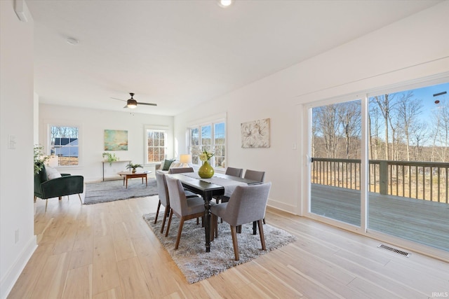 dining space featuring light wood-type flooring and ceiling fan