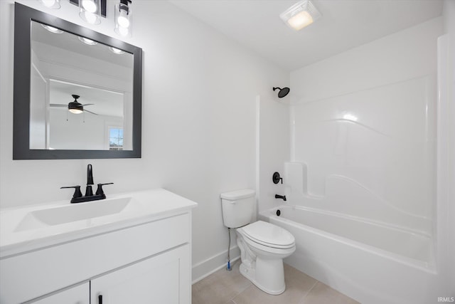 full bathroom featuring tile patterned floors, bathtub / shower combination, vanity, ceiling fan, and toilet