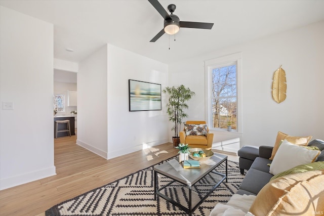 living room with ceiling fan and light hardwood / wood-style flooring