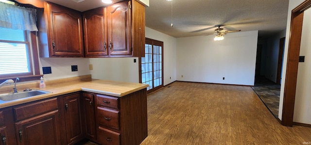 kitchen with a textured ceiling, light hardwood / wood-style flooring, ceiling fan, and sink