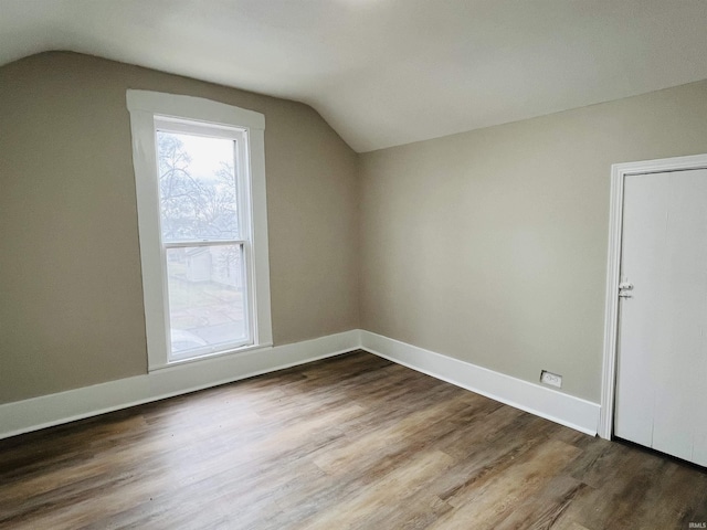 additional living space with wood-type flooring and vaulted ceiling