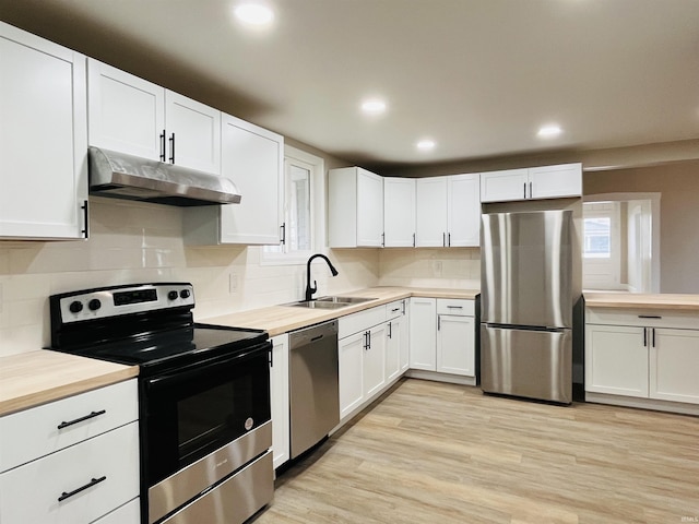 kitchen featuring wood counters, sink, white cabinetry, and stainless steel appliances