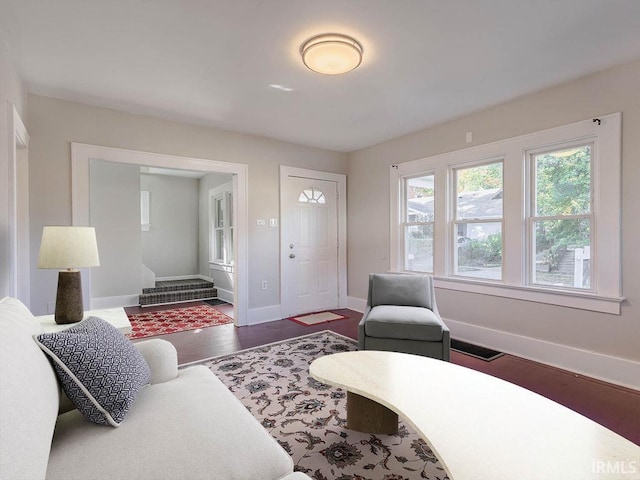 living room with dark wood-type flooring