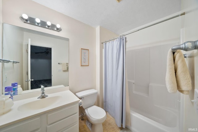 full bathroom with a textured ceiling, vanity, toilet, and shower / bathtub combination with curtain