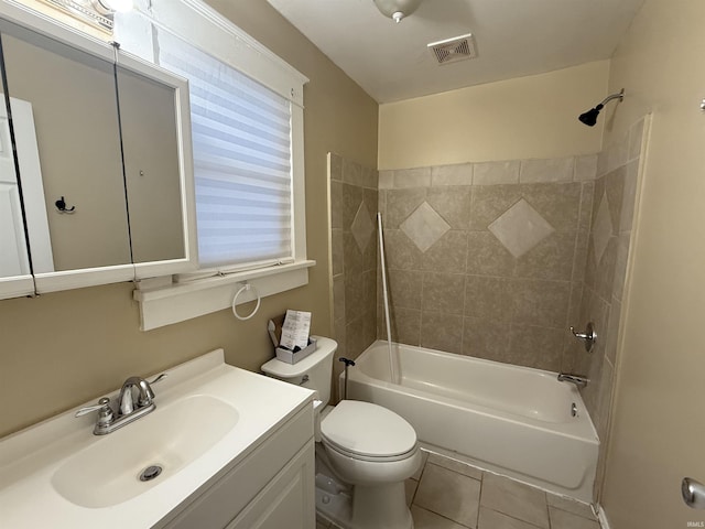 full bath with visible vents, toilet, tile patterned flooring, bathtub / shower combination, and vanity