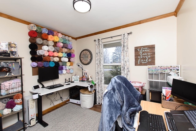 home office with ornamental molding