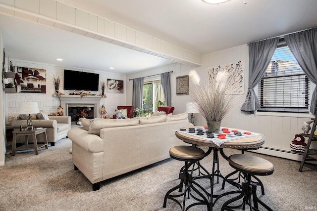 carpeted living room featuring a baseboard radiator