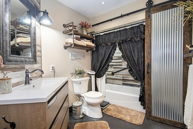 full bathroom featuring vanity, toilet, shower / bathtub combination with curtain, and backsplash