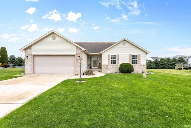 single story home with a front yard and a garage