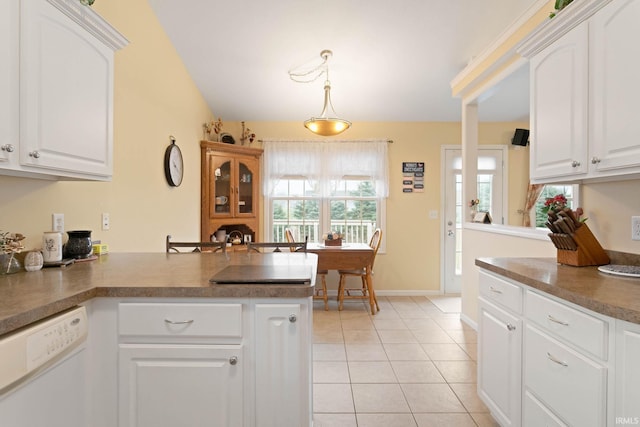 kitchen with kitchen peninsula, white cabinets, hanging light fixtures, and dishwasher