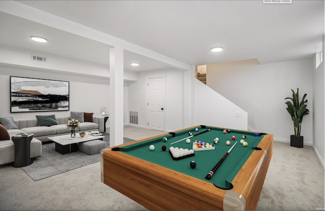 recreation room with carpet and pool table