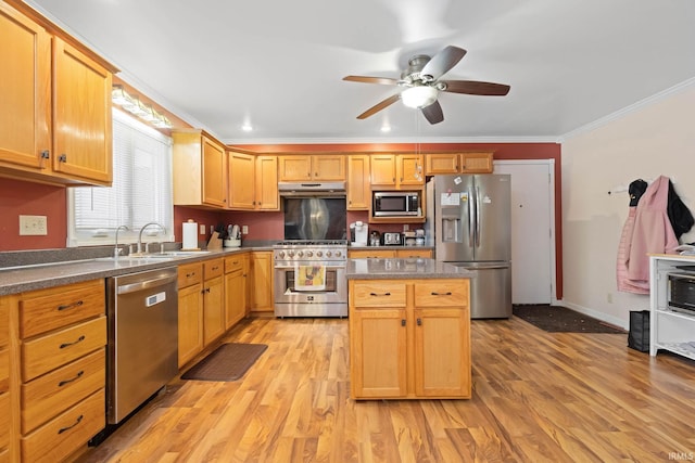 kitchen with light hardwood / wood-style floors, sink, stainless steel appliances, and ornamental molding