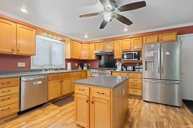 kitchen featuring ornamental molding, stainless steel appliances, sink, light hardwood / wood-style floors, and a kitchen island