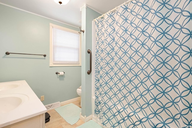 bathroom featuring a shower with curtain, tile patterned flooring, crown molding, toilet, and vanity